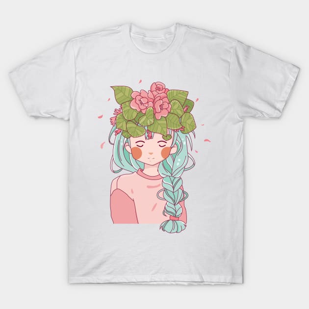 Beautiful Blue Hair Girl in pink top with Floral head dress T-Shirt by TinPis